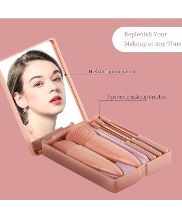 Travel Makeup Brushes Set with Mirror - 5 Piece Pink Makeup Brush Set for Foundation, Powder, Concealers, and Eye Shadows - Buy Online on GoSupps.com