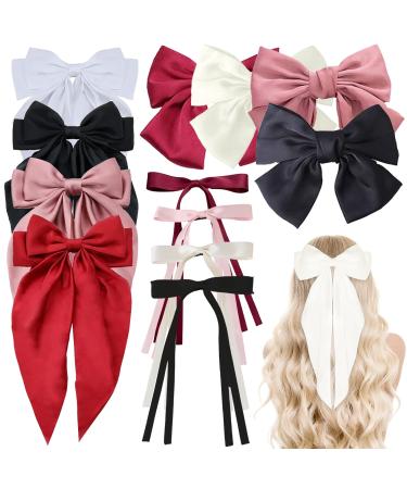 Paifeancodill Hair Bow Ribbon for Women Girls 12 Pcs Big Bow Hair Clips Set Tassel Ribbon Bow Hair Clips Satin Hair Ribbon Clips Metal Bowknot Barrettes with Long Tail Ribbon Hair Bows Clips(12 Pcs)