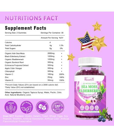 Vegan Sea Moss Gummies with Elderberry, Bladderwrack, Echinacea, Apple Cider Vinegar & More - 60Ct Supplement for Adults & Kids - Blueberry Flavor - Buy Online on GoSupps.com