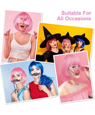 AOMIG Short Bob Wig for Women 4 Pack Short Pink Bob Wigs Set with Sunglass and Wig Cap Neon Fancy Dress Accessory Cosplay Party Wig with Bangs Synthetic Straight Wig for Daily Halloween Decorations - Buy Online on GoSupps.com