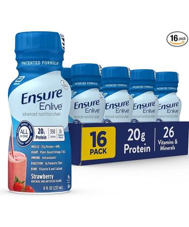 Ensure Enlive Meal Replacement Shake, 20g Protein, 350 Calories, Advanced Nutrition Protein Shake, Strawberry, 8 Fl Oz (Pack of 16)