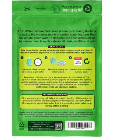 Envii Water Feature Klear - Natural & Chemical-Free Cleaner | Safe for Wildlife & Pets | 20 Tablets - Treats 2,000 Litres - Buy Online on GoSupps.com