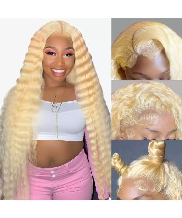 Boyusijf 613 Deep Wave Lace Front Wig Human Hair 13x6 Blonde Lace Front Wigs Human Hair Pre Plucked Transparent Lace 180% Density Glueless 613 HD Lace Frontal Wig For Women (20 Inch) 20 Inch 613 13x6 Lace Front Wig