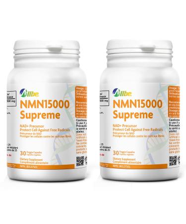 ALLBE NMN 15000 Supreme Capsules - 30 Count Nicotinamide Mononucleotide NMN 500mg NAD+ Supplement for Protection Against Free Radicals & support cellular health Made in Canada - Pack of 2 30 count (Pack of 2) Nmn 15000 (500mg)