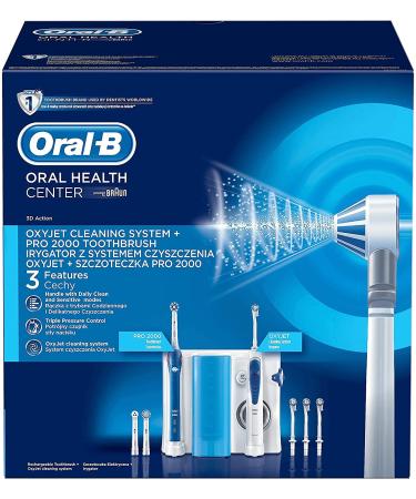 Oral-B Pro 2000 electric toothbrush with an oxyjet oral shower 3 plug-in brushes 4 replacement nozzles set for tooth cleaning and dental care gift man/woman designed by brown white/blue (1 Pack)