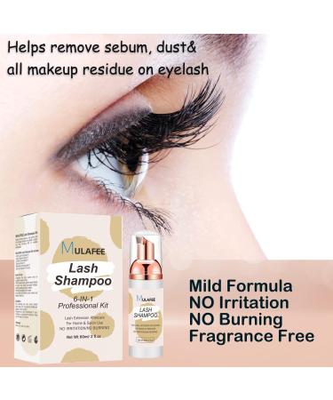 MULAFEE Lash Shampoo Kit for Eyelash Extensions - 60 ML Cleanser with Rinse Bottle, Brush, Wand, Cleaning Pad, Under Eye Pads - Salon and Home Care - Buy Online on GoSupps.com