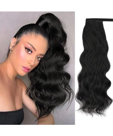 Stamped Glorious Long Corn Wave Ponytail Extension Magic Paste Heat Resistant Wavy Synthetic Wrap Around Ponytail Black Hairpiece for Women (24 Inch, 24 Inch-Black) 24 Inch 24 Inch-Black
