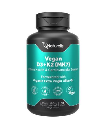 Naturalis Vegan Vitamin D3 + K2 from Algae | 5000iu Vitamin D with 120mcg MK7 Vitamin K | Vegan Society Certified Sustainably Sourced Better Than Animal Derived | 60 Veggie Softgels 60 Count (Pack of 1)