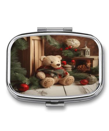 Pill Box Xmas Tree Branch Bear Doll Print 2 Compartment Medicine Pill Case Pill Organizer Decorative Metal Portable Pill Box for Pocket Or Purse Style