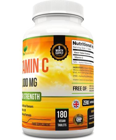 High Strength Vitamin C 1000mg per Tablet - 180 Vegan Tablets, Made in UK | 6 Month Supply - Buy Online on GoSupps.com