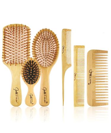 BestFire 6 in 1 Hair Brush Comb for Men Women Handle Bamboo Bristle Hairbrush Set with Tail Comb  Tooth Comb  Double Head Comb  3 Different Air Cushion Massage Brush for Massaging Scalp