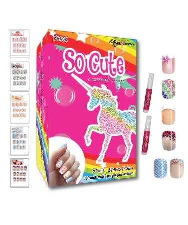 MayQueen 120 PCS 5 Pack Children Artificial Fake Nails With Two Glues Full Cover False Nail Kits for Kids (So Cute)