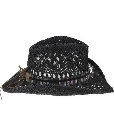 Western Cowboy Straw Hat Wide Brim Cowgirl Sun Hat with Hat Band - Black (7-7 1/4) - Buy Online on GoSupps.com