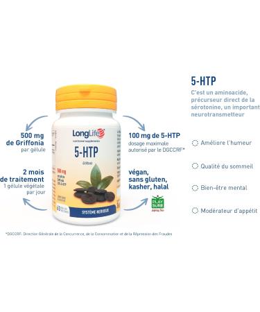 LongLife 5-HTP | Griffonia titrated at 20% in 5-HTP | 500mg Griffonia - 100mg of 5-HTP | Mood relaxation mental wellness | 60 vegetable capsules | Vegan gluten free and doping free - Buy Online on GoSupps.com