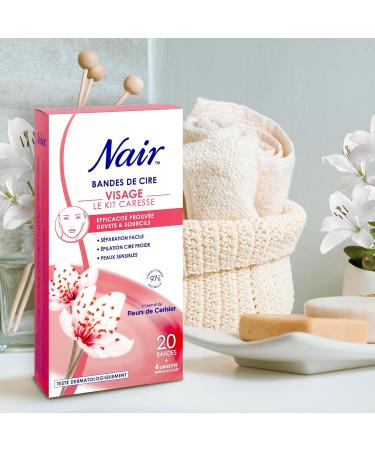 Nair Caress Set - Cold Wax Strips for Sensitive Skin | 97% Natural Formula with Cherry Flower Extract | 20 Easy-to-Separate Wax Strips for Face | Shop Internationally - Buy Online on GoSupps.com