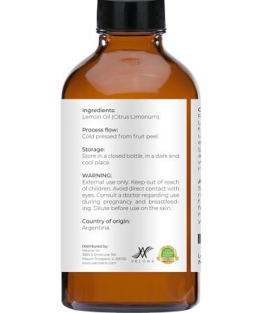 Lemon Essential Oil by Velona - 4 Fl Oz | Therapeutic Grade 100% Pure and Natural | for Aromatherapy Diffuser Massage Skincare Haircare Soapmaking | Undiluted and Multipurpose in Glass Bottle - Buy Online on GoSupps.com