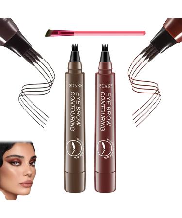 Suake Eyebrow Contouring Pen ChordBeaux 4 Tipped Precision Brow Pen Waterproof Sweat-proof and Non-smudging Four-pronged Eyebrow Pencil (Dark brow & Red brown)