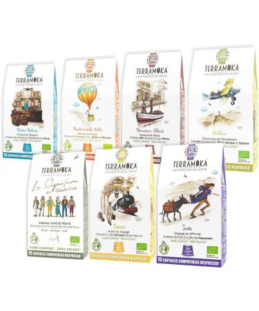 TERRAMOKA Organic Coffee Gourmet Box - 105 Biodegradable Capsules - Compatible with Nespresso Capsule Machines - Gift Idea - Discovery Case (7 * 15) - Zero Waste - Roasted in France