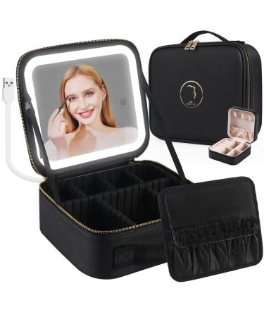 Travel Makeup Case with LED Light Mirror Portable Waterproof Makeup Bag with 3 Adjustable Color Brightness Professional Cosmetic Train Case Organizer with Adjustable Dividers (SN-Black)