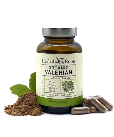 Herbal Roots Pure Organic Valerian Root Capsules - 900 mg - Non-Habit Forming with no Melatonin, Non-GMO - 60 Count Vegan Capsules, Herbal Supplement - Made in The USA