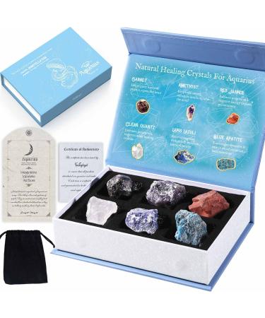 Faivykyd Aquarius Crystals for Healing Natural Spiritual Crystals with Horoscope Box Zodiac Birthstone Crystal Set Birthday Gifts for Women Men Friends Healing Crystal for Beginners