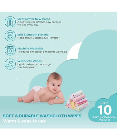 Spasilk Newborn Washcloth Wipes Set - Soft Terry Cloth, 10 Pack Pink Lines - Buy Online on GoSupps.com