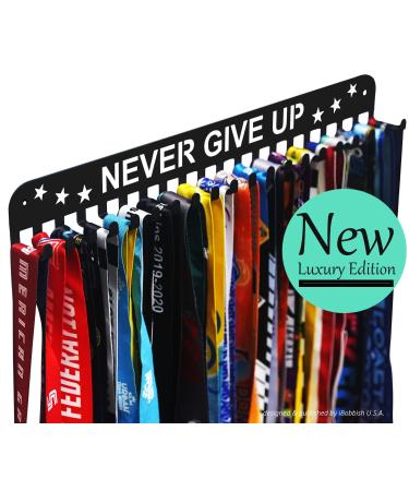 Premium Medal Display Hanger Never Give Up with 20 Hooks,Medal Hanger Display For Wall with 16inchL,race medal display Upgraded Medal Holder display with Simple Design For gymanstics,race,soccer,swim 16inchL with 20 Hooks NEVER GIVE UP