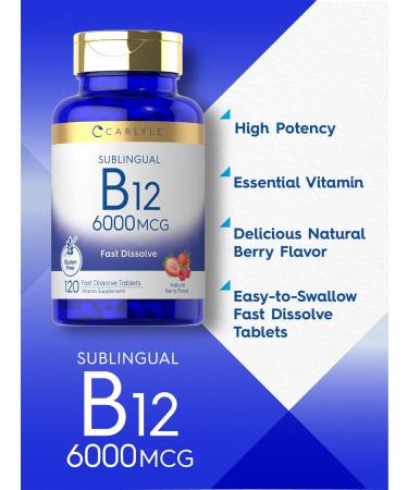 Carlyle Vitamin B-12 6000mcg Fast Dissolve Tablets - 120 Count | Natural Berry Flavor | Vegetarian, Non-GMO, Gluten-Free Sublingual Supplement - Buy Online on GoSupps.com