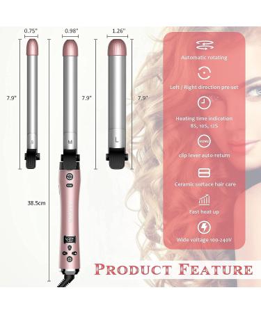 Automatic Hair Curling Wand with 3 Interchangeable Barrels | LCD Display, Fast Heat-Up | Ceramic Coating for All Hair Types | Rose Gold - Buy Online on GoSupps.com