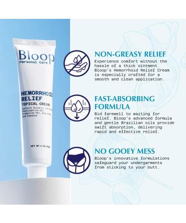 Bloop Hemorrhoid Relief Cream | Maximum Strength with Phenylephrine & Pramoxine | Soothing Andiroba & Copaiba Oils | 1oz - Fast Pain & Inflammation Relief - Buy Online on GoSupps.com