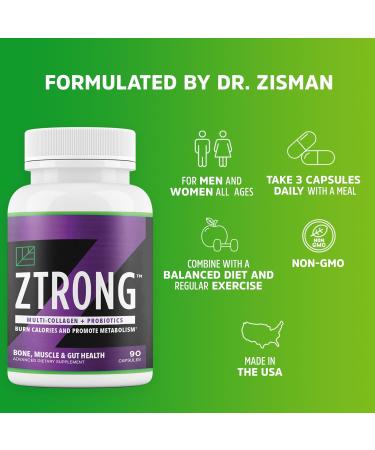 Dr. Zisman ZTRONG Advanced Collagen Supplement Hydrolyzed Collagen Types I & III 400 Billion CFU Probiotic Blend Supports Bone Health Joint Function Metabolic Efficiency 90 Capsules - Buy Online on GoSupps.com