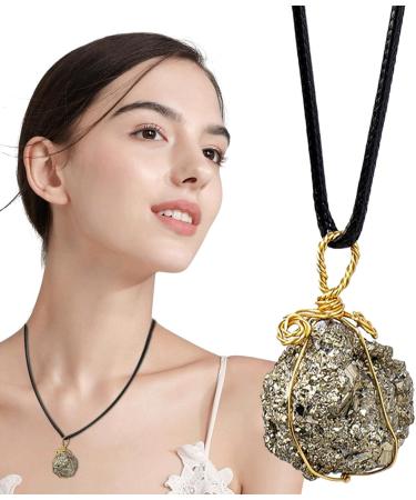 Pyrite Crystal Pendant - Natural Gold Wire Wrapped Raw Pyrite Necklace for Men Handmade Healing Gemstone Pendant Necklace with Black Macrame Cord Frifer - Buy Online on GoSupps.com