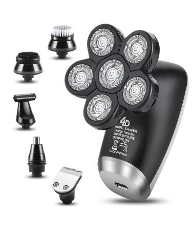 Electric Razor Head Shaver Men: - USB Rechargeable Rotary Bald Head Shaver, 6 in 1 Multifonction Cordless Waterproof Hair Clipper Beard Nose Ear Face Trimmer, Shaving Grooming Kit Black Black-silver