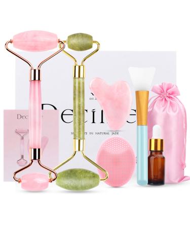 Deciniee Jade Roller for Face,Gua Sha Massage Tool,Rose Quartz Jade Roller and Gua Sha 6 in 1 Face Massager Women Gift Set,Anti-Aging Authentic Facial Beauty Roller-Rejuvenate Skin and Remove Wrinkles