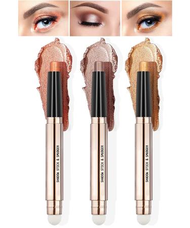 POPMISOLER 3 Pcs Glitter Eyeshadow Stick Sets  Smudge Proof Cream Eye Shadow Sticks Brown Eyeshadow Pencil with Soft Smudger Waterproof 2 in 1 Shimmer Eyeshadow Pen  Long Lasting Highlighter Makeup Color A