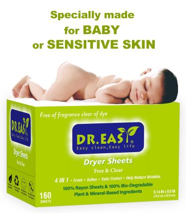 Dr.Easy Free & Clear Dryer Sheets - 160 Ct, Plant Based, Hypoallergenic, Unscented & Dye-Free - Buy Online on GoSupps.com