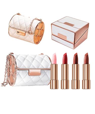 Velvet Matte Lipstick Set with Glamorous Chain Pouch, 4 Colors Lipstick and Elegant Leather Bag (White)