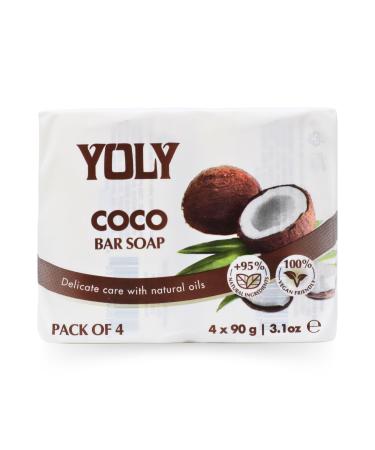 YOLY Coconut Bar Soap (90 g Pack of 4) - 95% Natural Vegan-Friendly Moisturizing Soap for Silky Smooth Skin