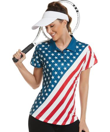 VALANCH Women's Short Sleeve Golf Polo Shirt - Lightweight Tennis Apparel with Large American Flag Print - Buy Online on GoSupps.com