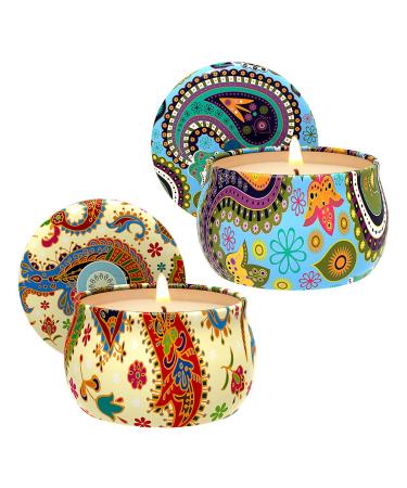 Set of 2 Scented Candles Soy Wax Aromatherapy Candles 4.4 OZ Portable Tin Candles Gifts Basket for Christmas Thanksgiving Valentine's Day Colorful Paisley 4.4oz 2 Pack