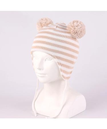 LANGZHEN Toddler Winter Hat | Earflap Knit Beanie for Baby Boys Girls 0-6 Months | Fleece Lined Cap in Beige-Stripe - Buy Online on GoSupps.com