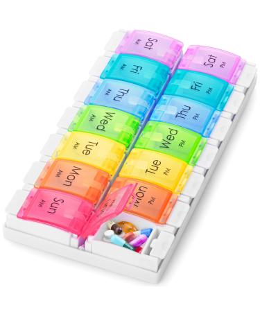 BoxSik tablet box 7 days 2 compartments small pill box in the morning in the evening 14 compartments removable weekly medication doser pills box rainbow color 14 commkartments