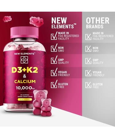 Sugar Free Vitamin D3 K2 Gummies 10000 IU with Calcium - Vegan Mk7 Vitamin K2 - Men & Women Vitamin D Supplement - Buy Online on GoSupps.com