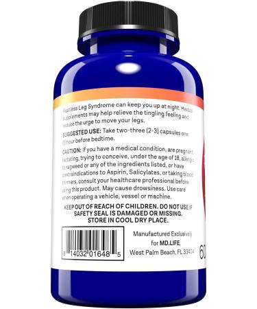 MD.Life Restless Leg Relief Capsules - 60 Count with Vitamin D3 & Curcumin for Rested Legs, Restful Sleep, and Joint Health - Buy Online on GoSupps.com