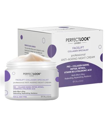 Perfect Look London Collagen Specialist Night Face Cream with Collagen Marine Peptide Retinol Hyaluronic Acid and Vitamin B5 Firm and Tone Anti Wrinkle Cream 50ml