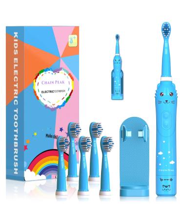 Kids Sonic Electric Toothbrush Rechargeable Smart Toothbrush for Children Toothbrush for Toddlers Boys Girls Age 3-12 with 30s Reminder 2 Mins Timer 6 Modes 6 Brush Heads Wall-Mounted Holder 8650 Blue+ 6 Heads+ Holder