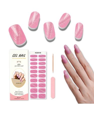 Foyute Semi Cured Gel Nail Strips 20 Pcs Soft Self-Adhesive Gel Nail Polish Wraps Sticker for Salon-Quality Manicure Set Long Lasting Easy to Apply & Remove Nail File & Wooden Stick (Cate eye pink)