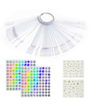 100 pcs Clear Fake Nail Display Board Fan Fake Nail Swatches Nail Polish Display (100 pcs Fake Nail Sticks + 2 Number Stickers + 2 Nail Stickers)