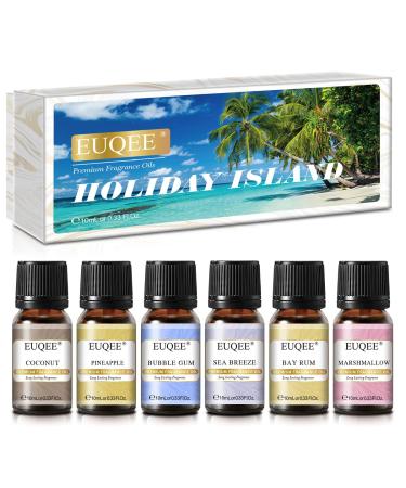EUQEE Holiday Island Fragrance Oils Gift Set Humidifier Oil Essential Oils for Diffusers for Home Aromatherapy Oil Pineapple Coconut Sea Breeze Bubble Gum Bay Rum Marshmallow 6 10 ml
