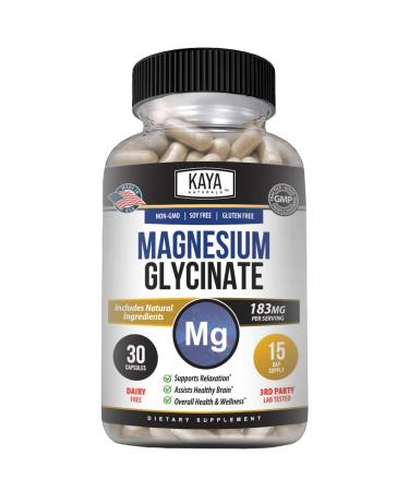 Kaya Naturals Magnesium Glycinate 183mg per Caps Chelated for Maximum Absorption Non-GMO NO Gluten Dairy & Soy Supports Muscle and Heart Health 30 Count 30 Count (Pack of 1)